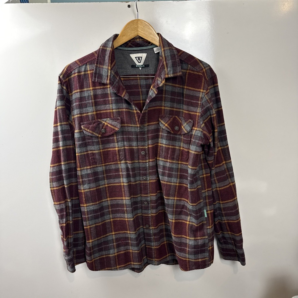 Vissla Flannel Button Front Shirt Red Plaid Surf Skate Mens L Long Sleeve